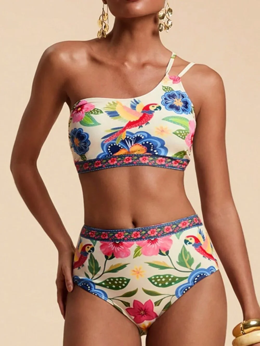 Multicolor Casual Women's Floral Print Asymmetric Neckline Two-Piece Bikini Set